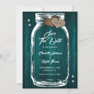 Teal Mason Jar Rustic Country Barn Wood Wedding Save The Date