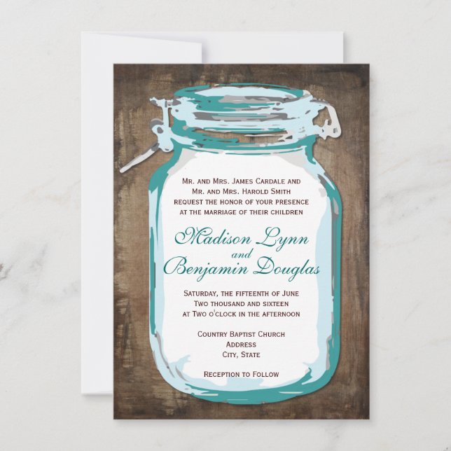 Teal Mason Jar Rustic Country Wedding Invitations (Front)