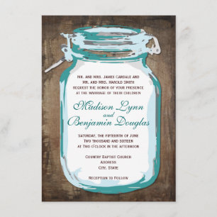 Teal Mason Jar Rustic Country Wedding Invitations