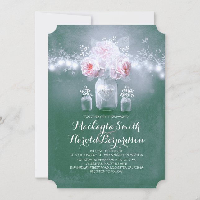 teal mason jar rustic string lights wedding invitation (Front)