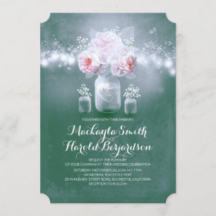 teal mason jar rustic string lights wedding invitation