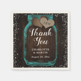Teal Mason Jar Rustic Wood Thank You Wedding Napkin