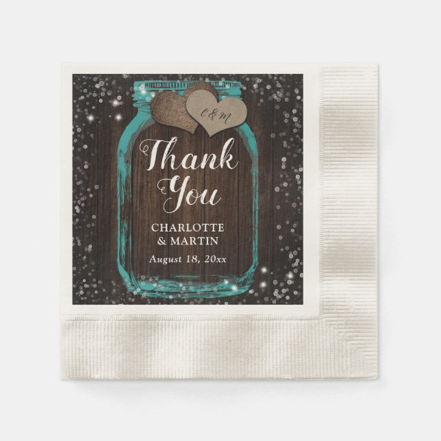 Teal Mason Jar Rustic Wood Thank You Wedding Napkin (Front)