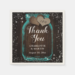 Teal Mason Jar Rustic Wood Thank You Wedding Napkin