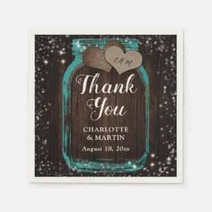 Teal Mason Jar Rustic Wood Thank You Wedding Napkin