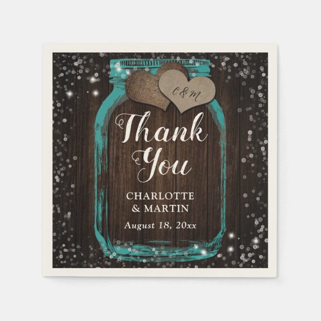 Teal Mason Jar Rustic Wood Thank You Wedding Napkin (Front)