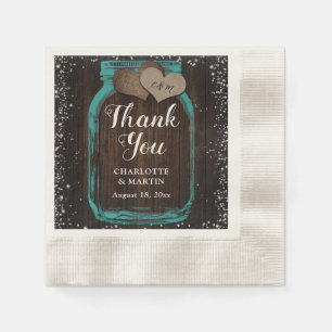 Teal Mason Jar Rustic Wood Thank You Wedding Napkin