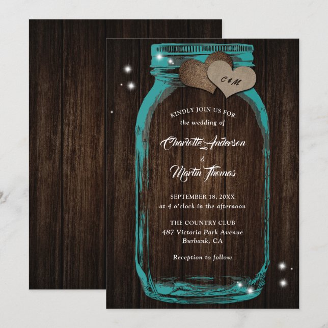 Teal Mason Jar Rustic Wood Wedding Invitation (Front/Back)