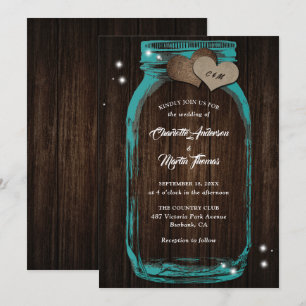 Teal Mason Jar Rustic Wood Wedding Invitation