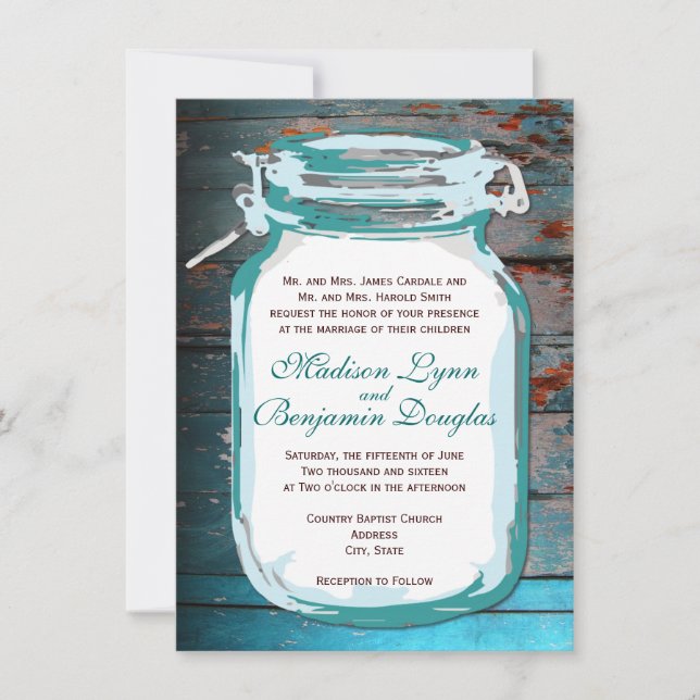 Teal Mason Jar Rustic Wood Wedding Invitations (Front)