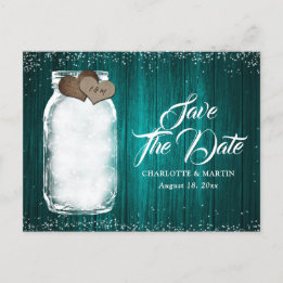 Teal Mason Jar Rustic Wood Wedding Save The Date Announcement Postcard