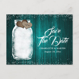 Teal Mason Jar Rustic Wood Wedding Save The Date Announcement Postcard