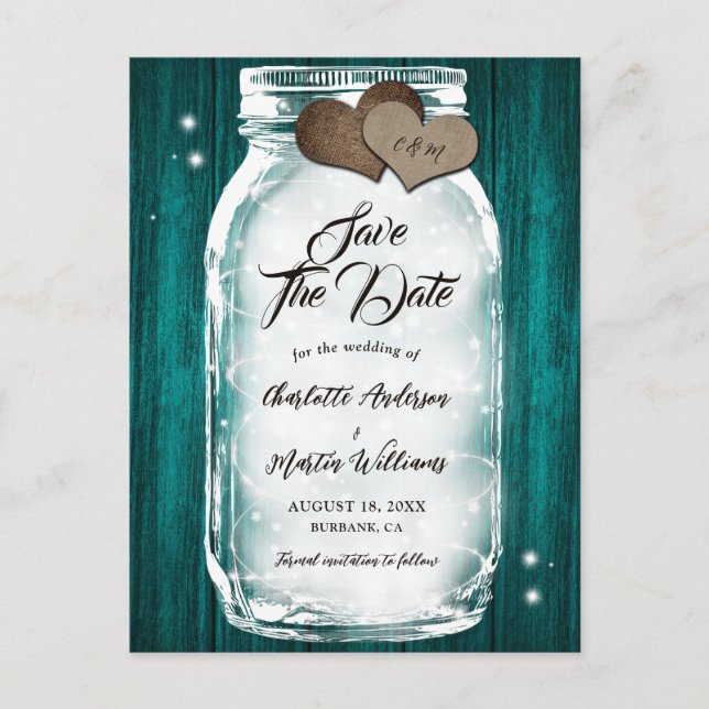 Teal Mason Jar String Lights Barn Wood Wedding Announcement Postcard (Front)