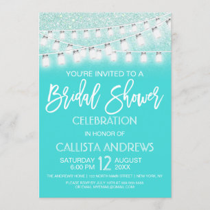 Teal Mason Jar String Lights Glitter Bridal Shower Invitation