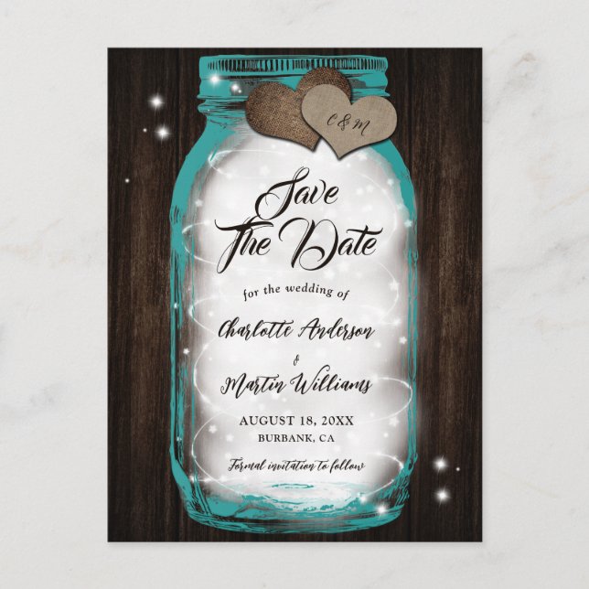 Teal Mason Jar String Lights Rustic Wood Wedding Announcement Postcard (Front)