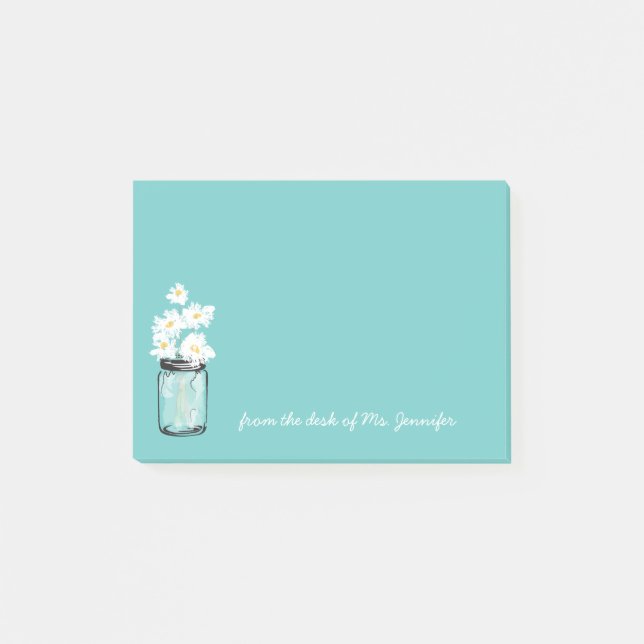 Teal Mason Jar White Daisy Floral Personalise Note (Front)