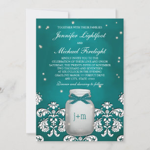 Teal Mason Jar with Fireflies Wedding Invitation