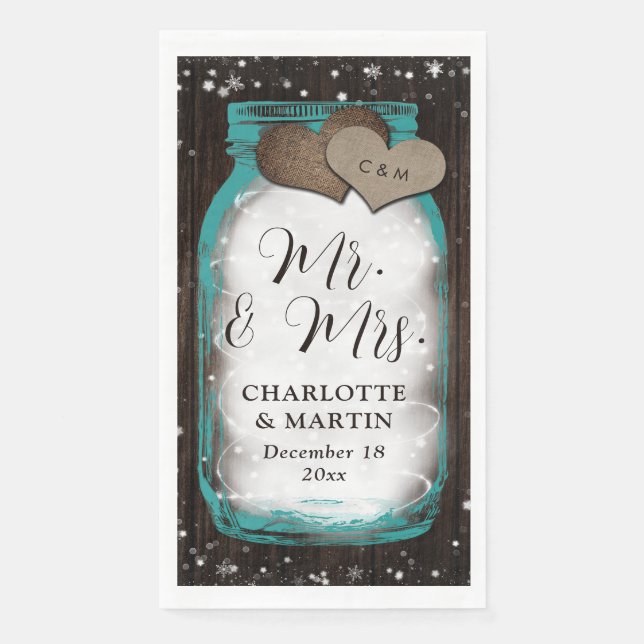 Teal Mason Jar Wood Mr. & Mrs. Winter Wedding Napkin (Front)