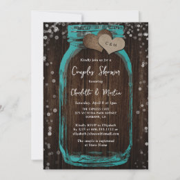 Teal Mason Jar Wood Rustic Couples Shower Invitation