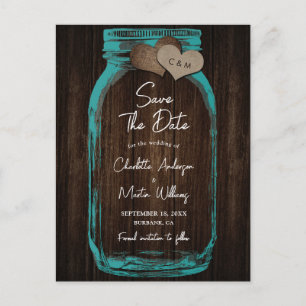 Teal Mason Jar Wood Wedding Save The Date Announcement Postcard