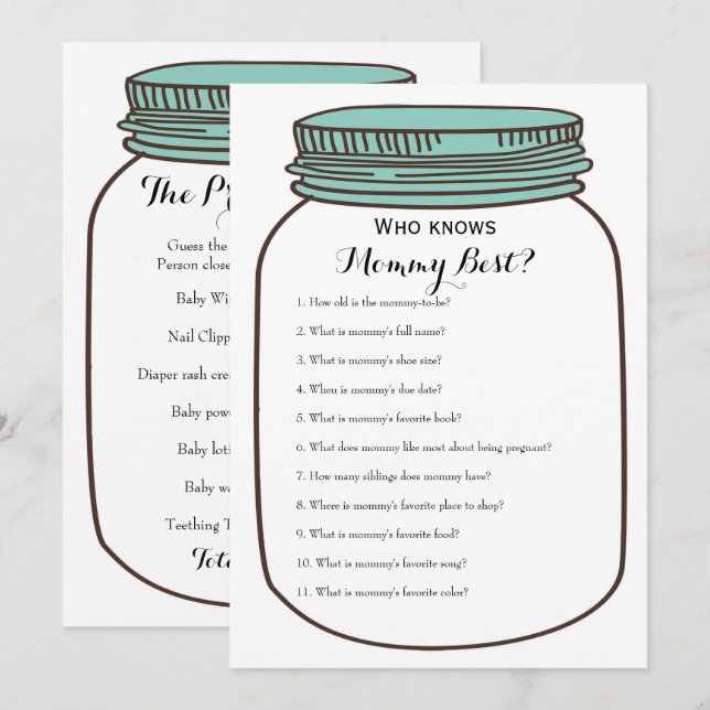 Teal Mason Jars 2 x Baby Shower Games Invitation (Front/Back)