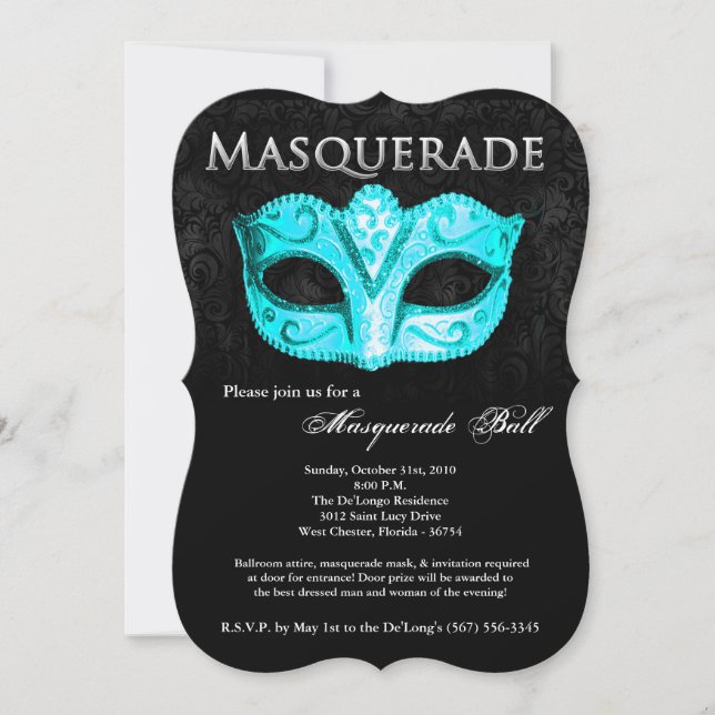 Teal Masquerade Ball Mask Costume Halloween Part Invitation (Front)