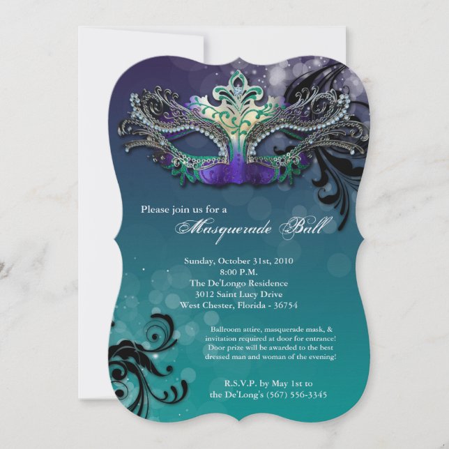 Teal Masquerade Ball Mask Costume Halloween Part Invitation (Front)