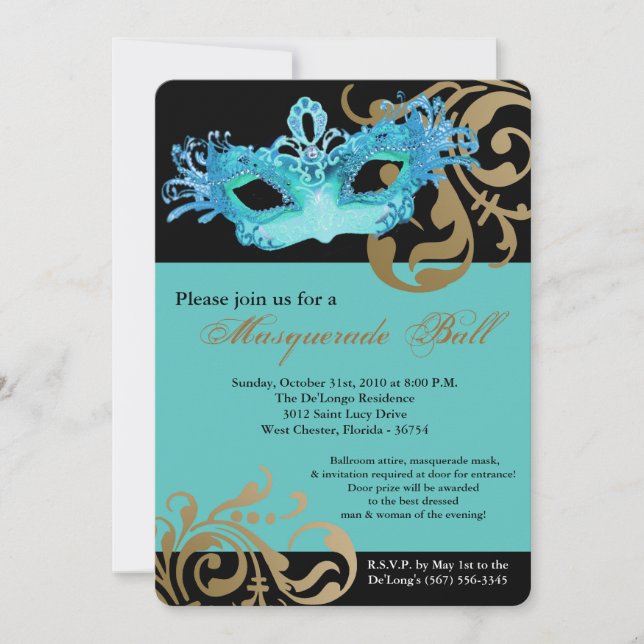 Teal Masquerade Mask Ball Costume Halloween Invitation (Front)