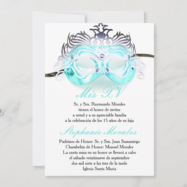 Teal Masquerade Quinceanera Birthday Invitation (Front)