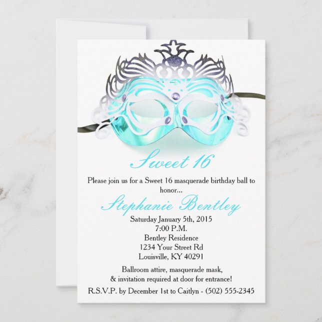 Teal Masquerade Zebra Sweet 16 Birthday Invitation (Front)