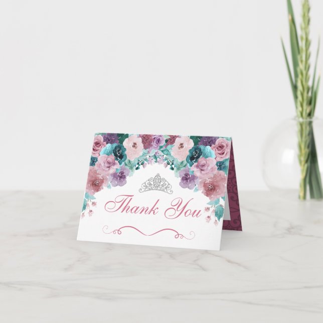 Teal & Mauve Floral Quinceanera Thank You Card (Front)