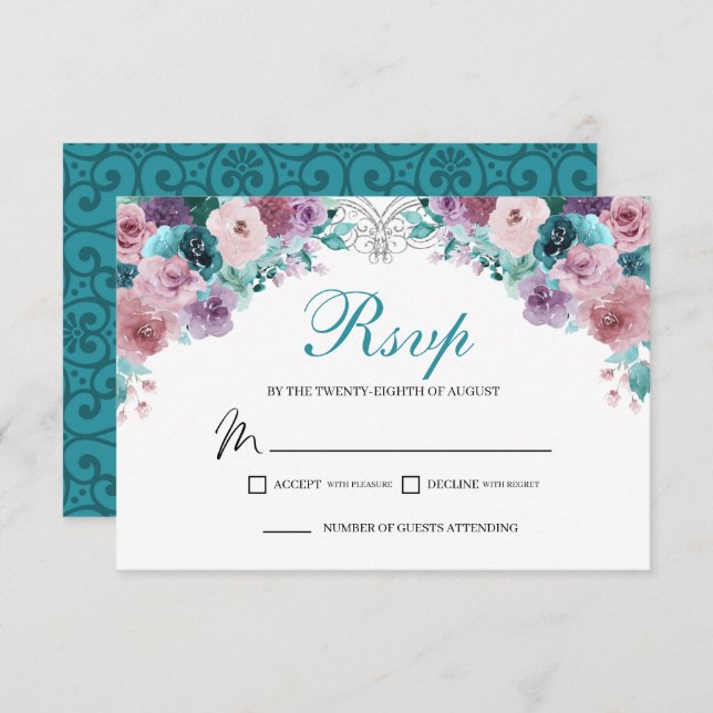 Teal & Mauve Floral RSVP Enclosure Card (Front/Back)