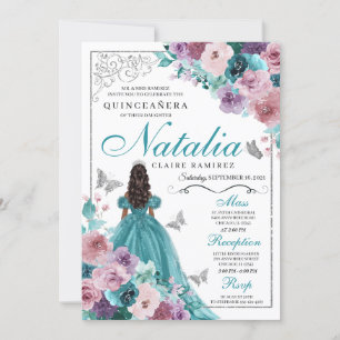 Teal & Mauve Ocean Sunset Princess Quinceanera Invitation
