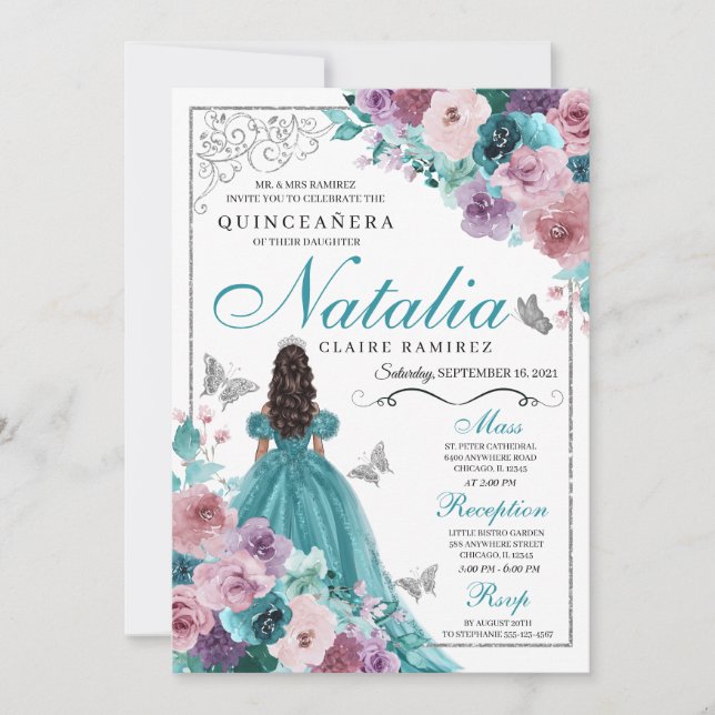 Teal & Mauve Ocean Sunset Princess Quinceanera Invitation (Front)