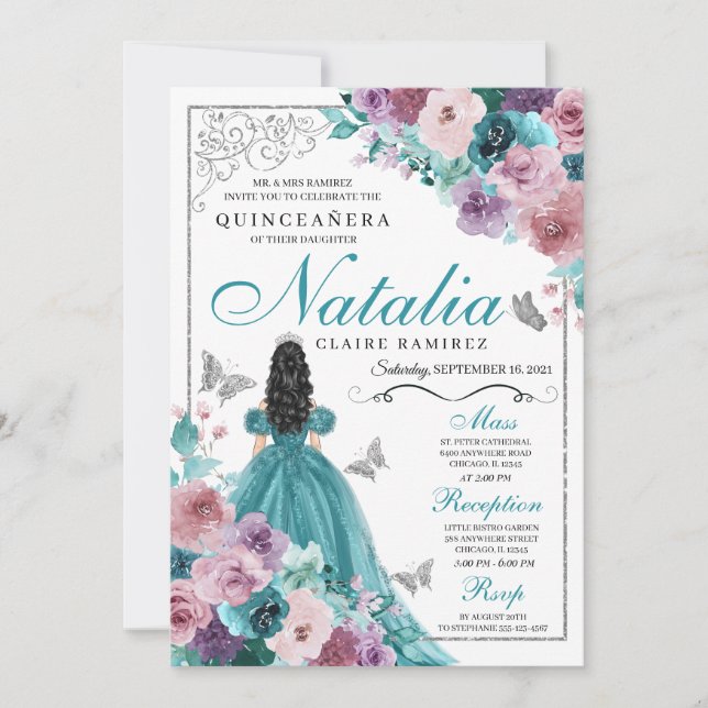 Teal & Mauve Ocean Sunset Princess Quinceanera Invitation (Front)