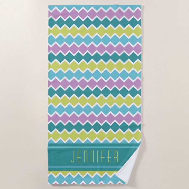 Teal Mauve Pattern Personalised Beach Towel (Front)