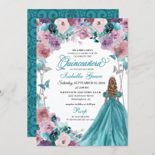 Teal & Mauve Sunset Quinceanera Princess Invitation