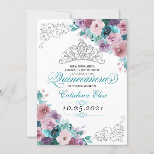 Teal & Mauve Sunset Tiara Quinceanera Invitation