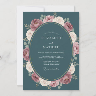 Teal Mauve Wreath Wedding Invitation