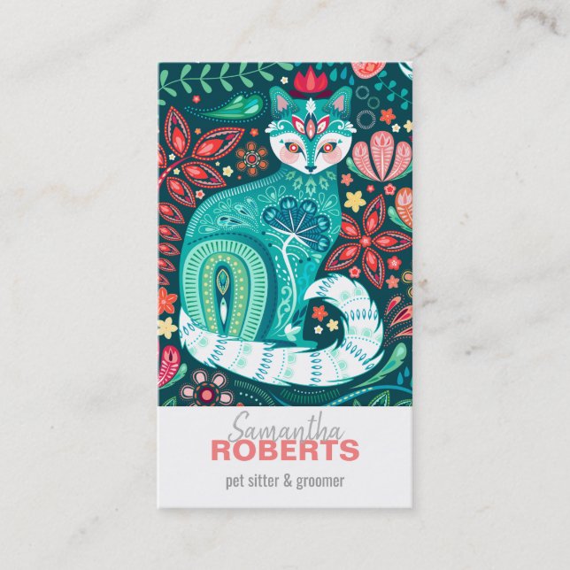 Teal Maximalist Cat Floral Folk Art Business Card (Front)