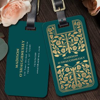 Teal Mediaeval Fantasy Gold Sword Name Luggage Tag