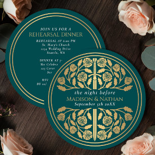 Teal Mediaeval Gold Sword Royal Wedding Rehearsal Invitation