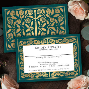 Teal Mediaeval Gold Sword Royal Wedding RSVP Card