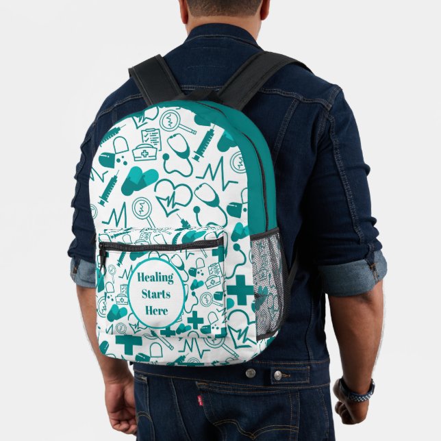 teal Medical Icons Pattern Customisable Healthcare Printed Backpack (Insitu (Model))