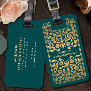 Teal Medieval Fantasy Gold Sword Name Luggage Tag