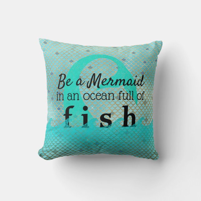 Teal Mermaid Inspirational Quote Gold Beach House Cushion (Front)