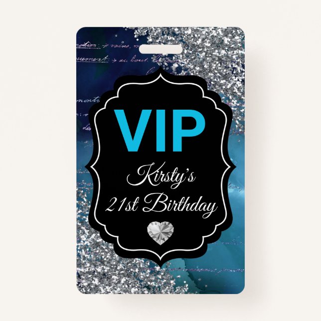 Teal Mermaid Letters Silver Glitter Birthday VIP ID Badge (Front)