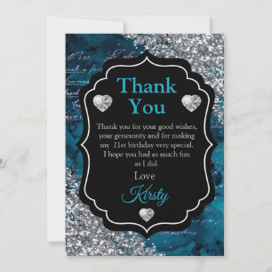 Teal Mermaid Letters Silver Glitter Thank You Card