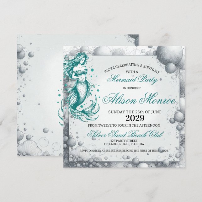 Teal Mermaid Party Invite (Front/Back)