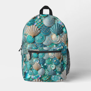 Teal Mermaid Print with Seashells Printed Backpack